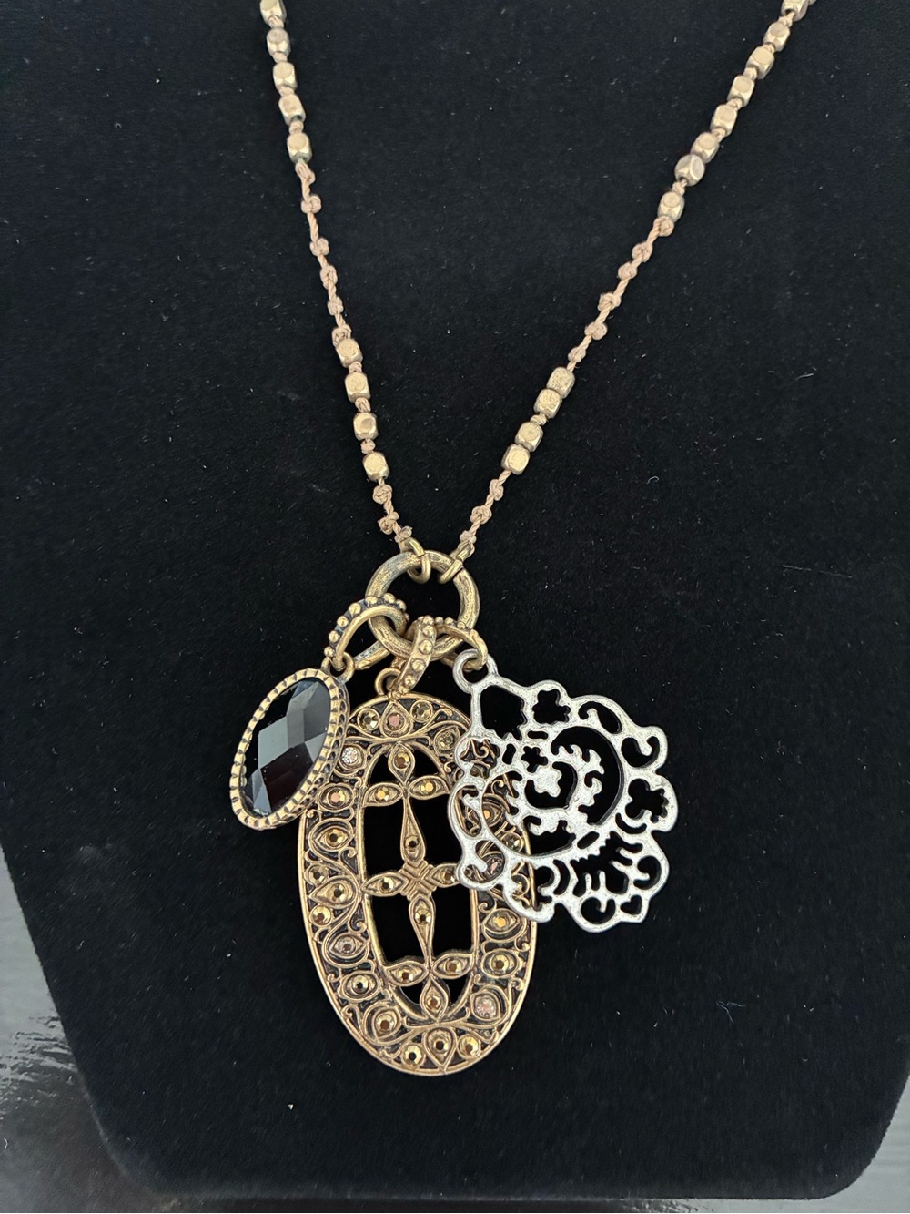 Lucky Brand Gold-Tone Filigree Multi-Charm Necklace with Black Stone